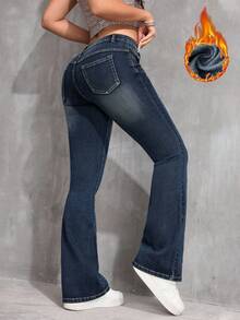 SHEIN PETITE Women's Casual Washed Low Waist Slim Fit Flare Leg Jeans - Dark Wash - View 2