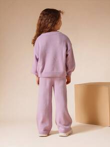 SUMWON 女孩冬季舒适针织运动衫裤子套装柔软罗纹毛衣阔腿运动服套装两件套 - 淡紫色 - 查看 3
