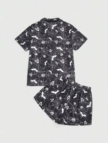 ROMWE Gothic Skull, Bat, Spider Web Print Shirt & Shorts Pajama Set - Black - View 2