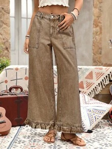 大码牛仔度假风荷叶边下摆阔腿裤 - 咖啡棕 - 查看 5