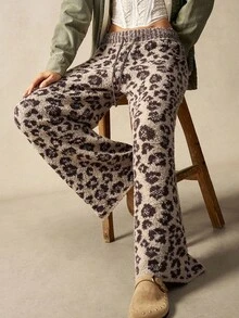 Bohemela 波西米亚风秋冬时尚豹纹抽绳腰阔腿针织裤，西部乡村风格，适合度假、日常穿着、返校季、万圣节、圣诞节等场合。 - 棕色 - 查看 4