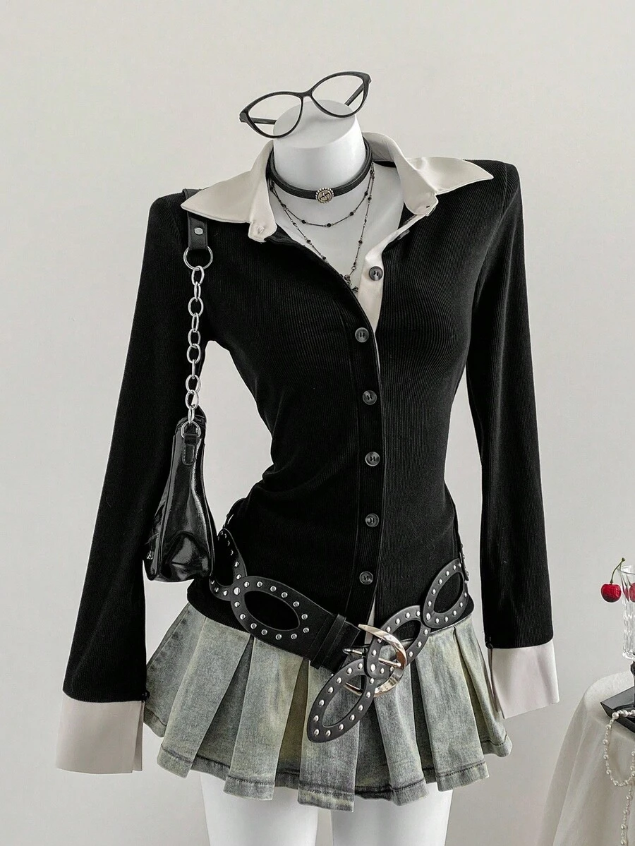 Elamini New Autumn/Winter Contrast Color Button-Up Slim Fit Versatile Office Lady Shirt - Black - View 1