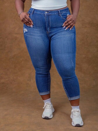 CurvyTilda Plus Size Distressed Skinny Stretch Denim Jeans, Blue, Fall Women Clothes, For Hourglass Body Shape