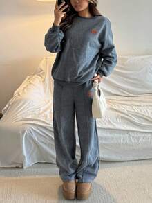 SHEIN Teen Girls Grey Knit Basic Sweatshirt And Pants Set, Winter - Dark Grey - View 2