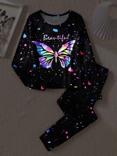 Conjunto de pijama justo com estampa de borboleta e brilho no escuro para meninas pré-adolescentes, camiseta de manga comprida e leggings, com cores vibrantes em degradê, criando uma atmosfera cósmica sonhadora e fantástica.