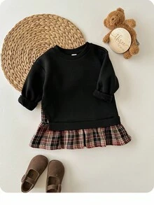 SHEIN 女婴可爱拼色长袖连衣裙，秋冬