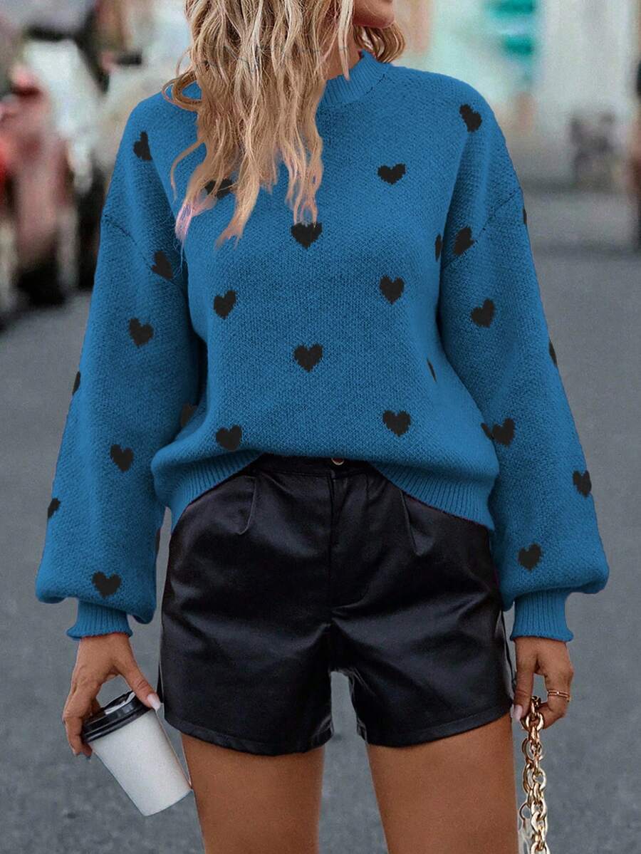 EMERY ROSE Heart Pattern Lantern Sleeve Sweater, Casual Autumn/Winter