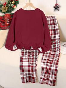 青少年女孩两件套睡衣套装 - 红色格子圣诞印花上衣和酒红色格子宽松舒适裤 - 酒紅色 - 查看 2