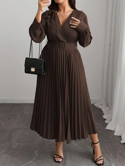 Elenzga Plus Size Women's V-Neck Solid Color A-Line Long Sleeve Dress, Elegant Office & Casual, With Waist Belt, Suitable For Spring, Autumn & Winter, For Christmas Maxi Women Outfit Long Brown Dress Pleated Maxi Dress Brown Elegant Dress Women Long Sleeve Elegant Dress Pleated Dresses For Women