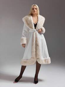 SHEIN ICON Cream-Color Faux Fur Collar Patchwork Long Tie-Waist Coat Autumn Winter - Beige - View 4