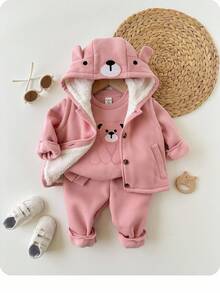 3 pièces Ensemble de vêtements pour bébé fille avec capuche, motif de dessin animé mignon, pantalon à taille élastique et gilet à capuche, automne/hiver - Rose bonbon - Voir 5