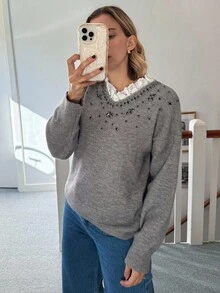 Vivie Lora Women's Loose Rhinestone Lace Patchwork Sweater - Grey - View 5