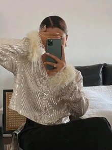 DAZY 女士时尚派对毛绒袖口亮片短款夹克女式外套 - 杏色 - 查看 7