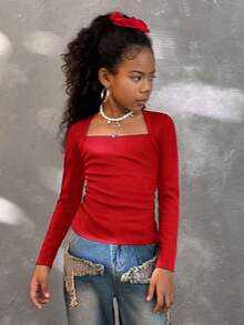 Coolane Tween Girls T-Shirt With Queen Anne Neckline For Everyday Casual Style Long Sleeve,Fall/Winter,Halloween ,Christmas,Party,Graduation ,Elegant - Red - View 5