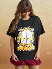GARFIELD | SHEIN Women's Casual Vintage Cartoon Cat Print Round Neck Short Sleeve T-Shirt, Summer - Black - View 1