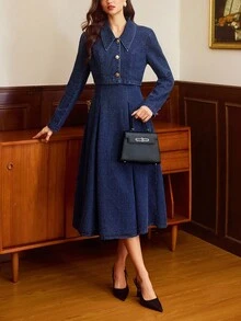 Vintamour 女士时尚通勤短款牛仔夹克和连衣裙套装 - 深色水洗藍 - 查看 4