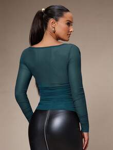 Silquee 女式纯色低胸扭纹设计长袖修身时尚性感衬衫 - 水鴨藍 - 查看 2