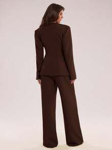 SHEIN BAE Women's Simple Solid Color Single-Breasted Blazer And Pants Suit Set, Suitable For Work And Commute - Coffee Brown - View 2