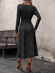 EMERY ROSE 女士休闲豹纹长袖束腰连衣裙，适合春秋季节 - 深灰色 - 查看 2