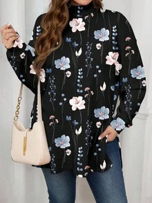 EMERY ROSE Plus Size Retro Floral Pattern High Collar Drop Shoulder Slit T-Shirt Winter Clothing Going Out New Women's Clothing Festival Wear - Multicolor - View 2