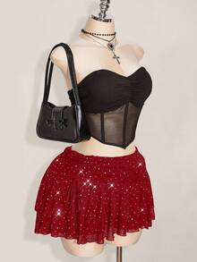 SHEIN ICON Váy mini lưới xếp ly cao xẻ tà xếp nếp dành cho nữ cỡ lớn - Màu Đỏ Sâu - Xem 5