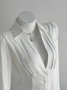 Elamini 1 件女式白色褶皱 V 领纽扣休闲连衣裙、通勤连衣裙、返校连衣裙、衬衫裙，适合日常、休闲、学院风穿着