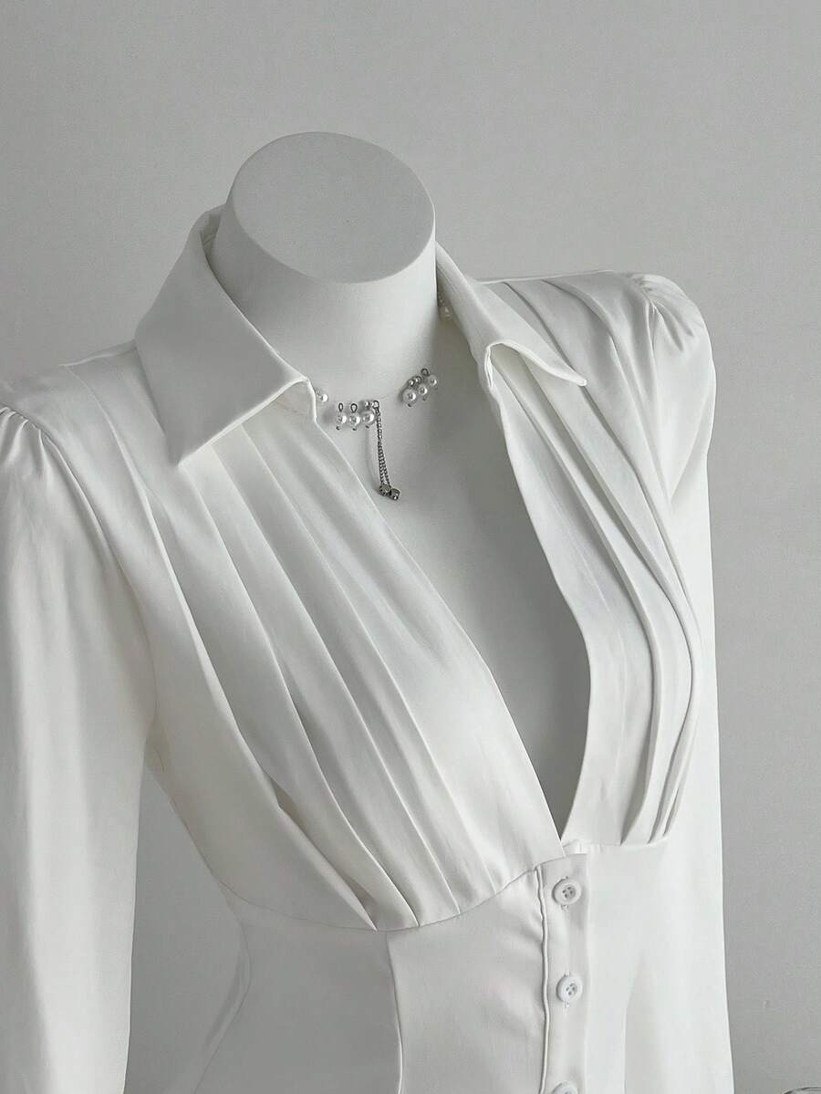 Elamini 1 件女式白色褶皱 V 领纽扣休闲连衣裙、通勤连衣裙、返校连衣裙、衬衫裙，适合日常、休闲、学院风穿着