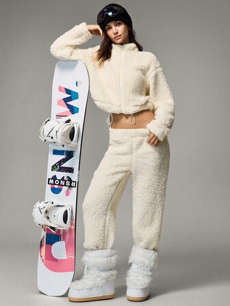 Hanevo Conjunto de top corto con cremallera y pantalones rectos de cintura elástica con pelaje, para uso casual en el hogar en invierno