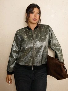 SHEIN LUNE 大码女式优雅通勤提花拉链夹克圣诞节圣诞新年感恩节派对奢华秋冬女装 - 金色 - 查看 6