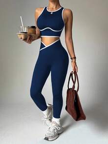Dewbera 女式撞色镶边圆领露背上衣和高腰裤运动套装 - 藏蓝色 - 查看 4