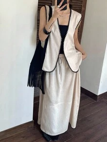 DAZY 女士优雅两件套：无袖撞色拼布背心和长裙 - 杏色 - 查看 2