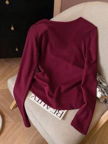 Franclia Embroidered Fashionable Minimalist Crew Neck Long Sleeve T-Shirt, Gift For Friends - Burgundy - View 2