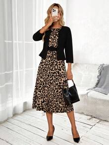 EMERY ROSE Women's Solid Color 3/4 Sleeve Open Front Jacket And Leopard Print Sleeveless Dress Elegant 2-Piece Set, Autumn - Khaki - View 4