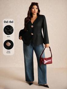 Elaquor Plus Size Women's Fashionable Elegant V-Neck Long Sleeve Blazer/ Winter - Black - View 1