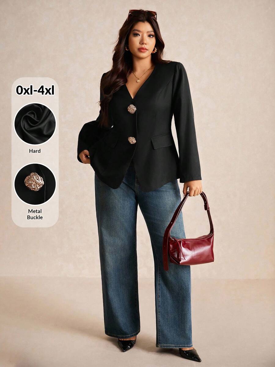 Elaquor Plus Size Women's Fashionable Elegant V-Neck Long Sleeve Blazer/ Winter - Black - View 1