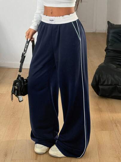 Coolane Women's  Winter Streetwear Preppy Basic Minimalist Banded Texture Decoration Elastic Waistband Navy Blue Wide Leg Sweatpants