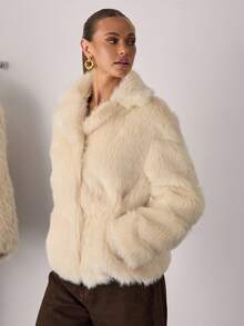 SHEIN BAE 女士纯色仿皮草夹克，秋冬时尚 - 杏色 - 查看 5