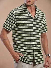 Manfinity Homme 男士针织条纹提花休闲度假短袖衬衫 - 綠色 - 查看 4