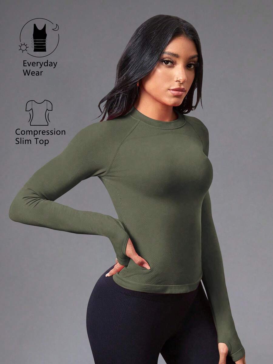 Easithlete Women's Solid Color Seamless Thumb Hole Fitted Raglan Sleeve Sports T-Shirt Long Sleeve Active Wear Compression Slim Top Seamless Work Out Top Gym Shirt Women Tummy Control Tops - Army Green - View 1