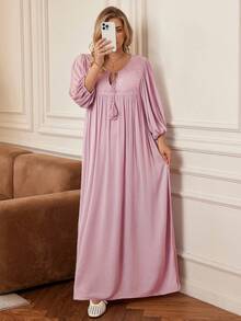 Rosumi Plus Size Solid Long Sleeve Casual Dress, Simple & Fashionable For Everyday Wear,Beach Dress Sundress,Holiday Outfits Boho