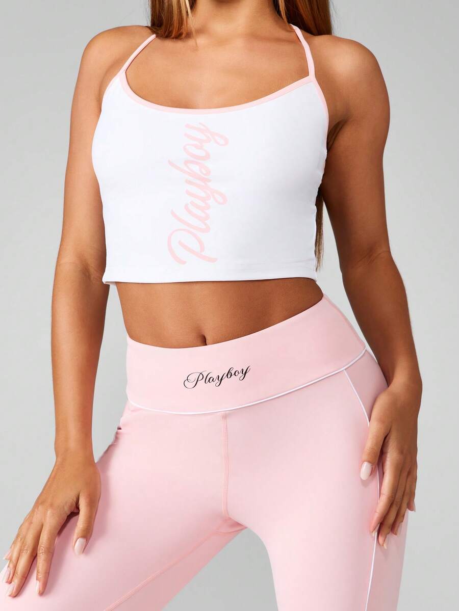Missguided x Playboy Cropped Cami Tank Top Crossback Straps Sports Bra Athletic Performance Slim Fit High Impact Support Moisture Wicking Breathable