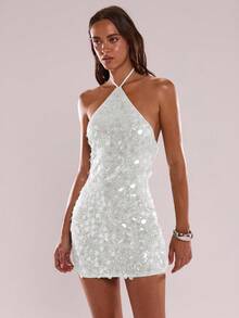 SHEIN BAE Damen Einfarbiges Pailletten Glamour Mode Neckholder Mini Kleid