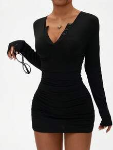 Dewbera Women's Black Autumn Basic Sexsy Party Ruched Bodycon Crew Neck Long Sleeve Athletic Sports Mini Dress,Casual Skin Soft Dresses For Women - Black - View 8
