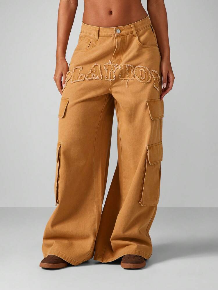 Missguided x Playboy Wide Leg Cargo Denim Jeans Distressed Applique Embroidered Y2K Fashion High Rise Utility Pants Festival Vintage Washed Baggy Streetwear