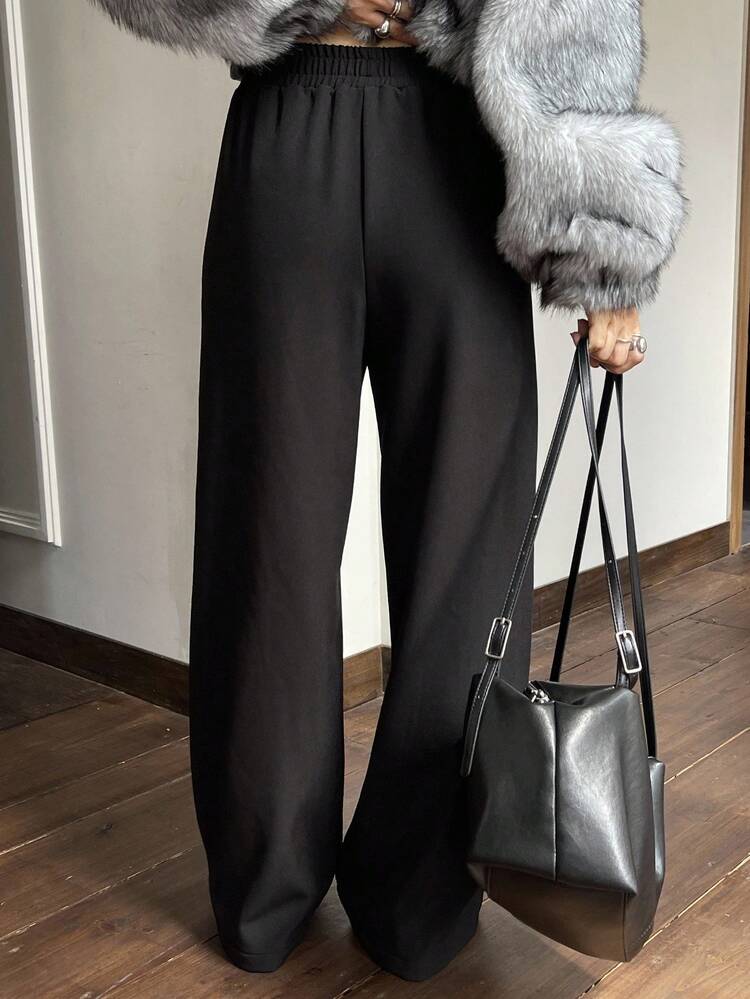 Thermal Lined Solid Color Straight Elastic Waist Casual Pants For Women, Suitable For Commuting In Autumn/Winter Thermal Lined