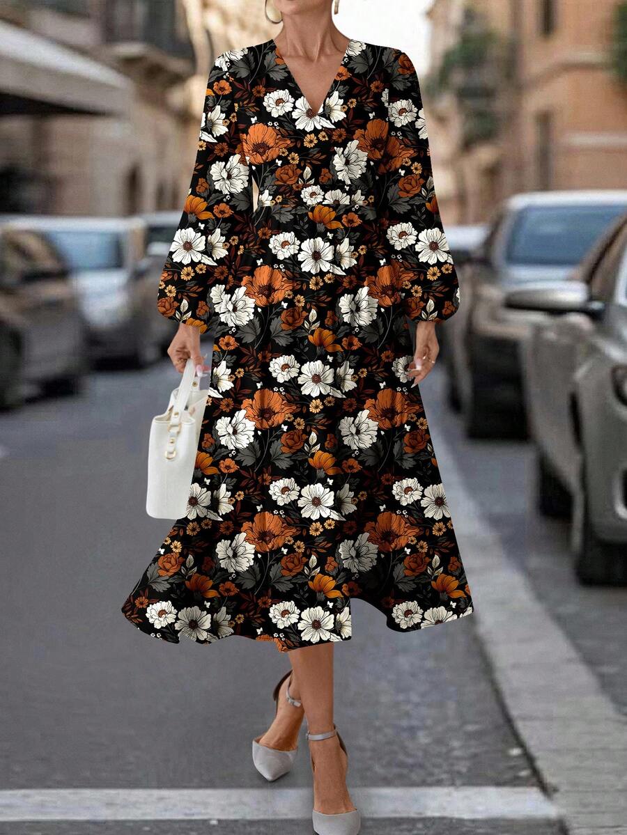SHEIN Clasi 复古花卉印花V领灯笼袖女长裙,适合秋冬季 - 彩色 - 查看 1