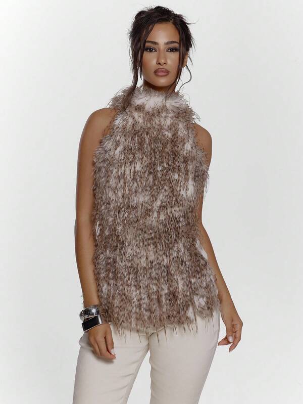 MUSERA Top ajustado de cuello alto con peluche de piel sintética, elegante, sexy para salir en otoño, noche de invierno, lindo streetwear navideño