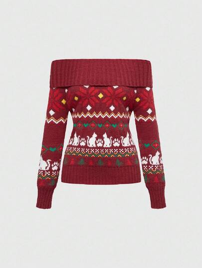 ROMWE Avant Women's Christmas Fair Isle Snowflake Pattern Off Shoulder Long Sleeve Sweater And Knit Shorts 2 Pieces Set, Autumn/Winter