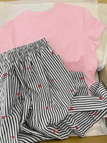 INAWLY 女士休闲时尚街头风格心形刺绣短袖 T 恤和抽绳腰条纹印花裤套装，夏季 - 粉色 - 查看 2