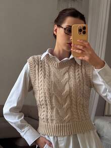 DAZY Chaleco de punto de cuello redondo casual para mujer, otoño/invierno - Caqui - Ver 4